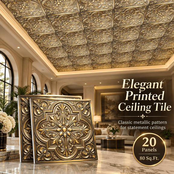 Yeslife 24 in x 24 in PVC Drop Ceiling Tiles, 20-Pack, 3D-Look Printed Decorative Ceiling Panels, Antique gold