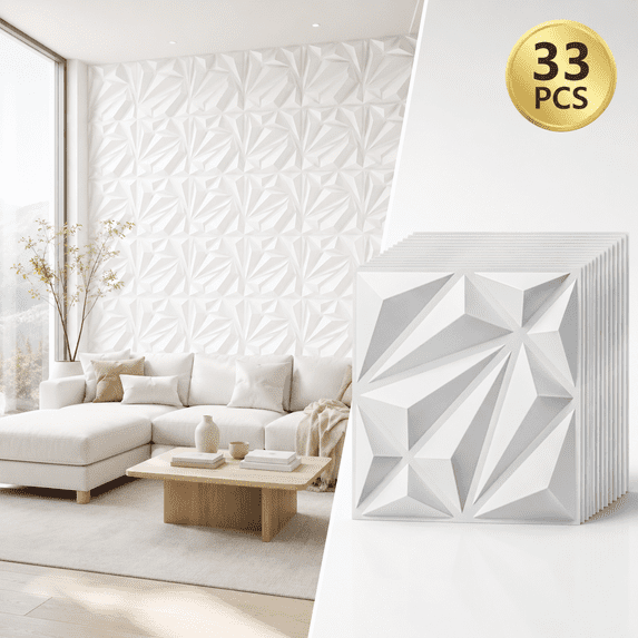 Yeslife 33-Pack White PVC 3D Wall Panel Set, 11.8"x11.8" Diamond Pattern Accent Wall Covering for Interior Home Décor - Living Room, Bedroom, Office, TV Background