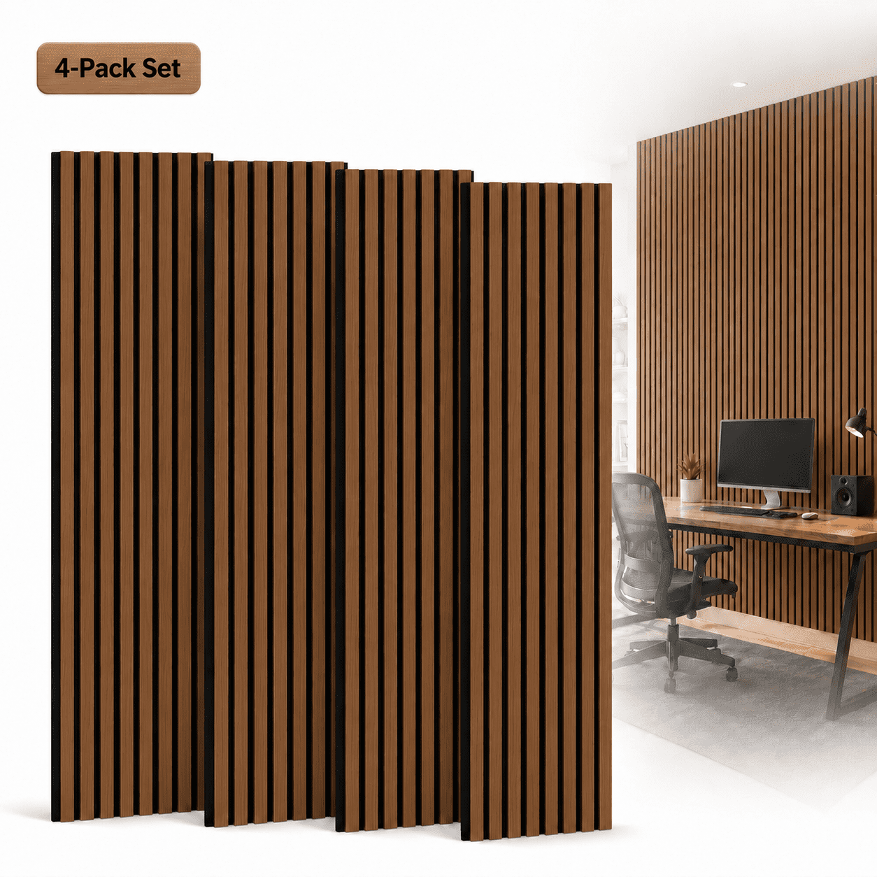 Yeslife 4-Pack Wood Slat Acoustic Wall Panels, 12 in. x 93 in., Walnut MDF, Sound Absorbing, Interior Accent Wall, 31 sq. ft.