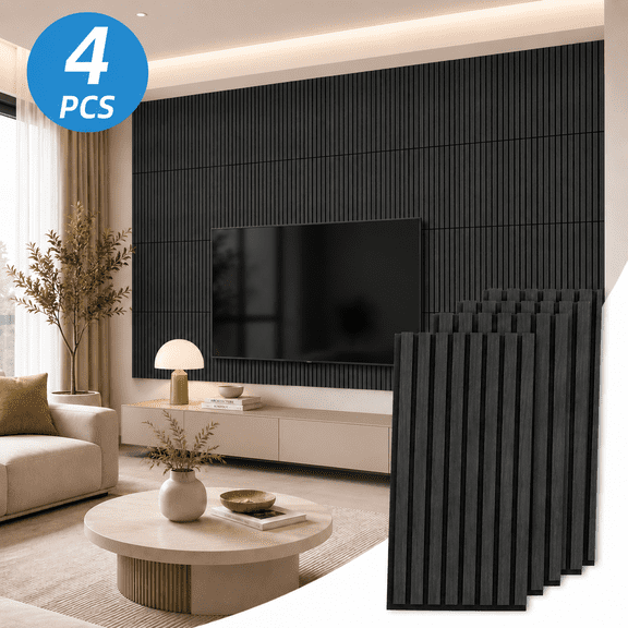 Yeslife 4 pcs Wood Slat Acoustic Wall Panels, 11.81 in x 23.62 in, Grey Oak MDF, 3D Decorative Sound-Absorbing Panels for Interior Walls, 7.7 sq ft