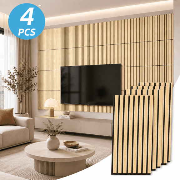 Yeslife 4 pcs Wood Slat Acoustic Wall Panels, 11.81 in x 23.62 in, Oak MDF, 3D Decorative Sound-Absorbing Panels for Interior Walls, 7.7 sq ft