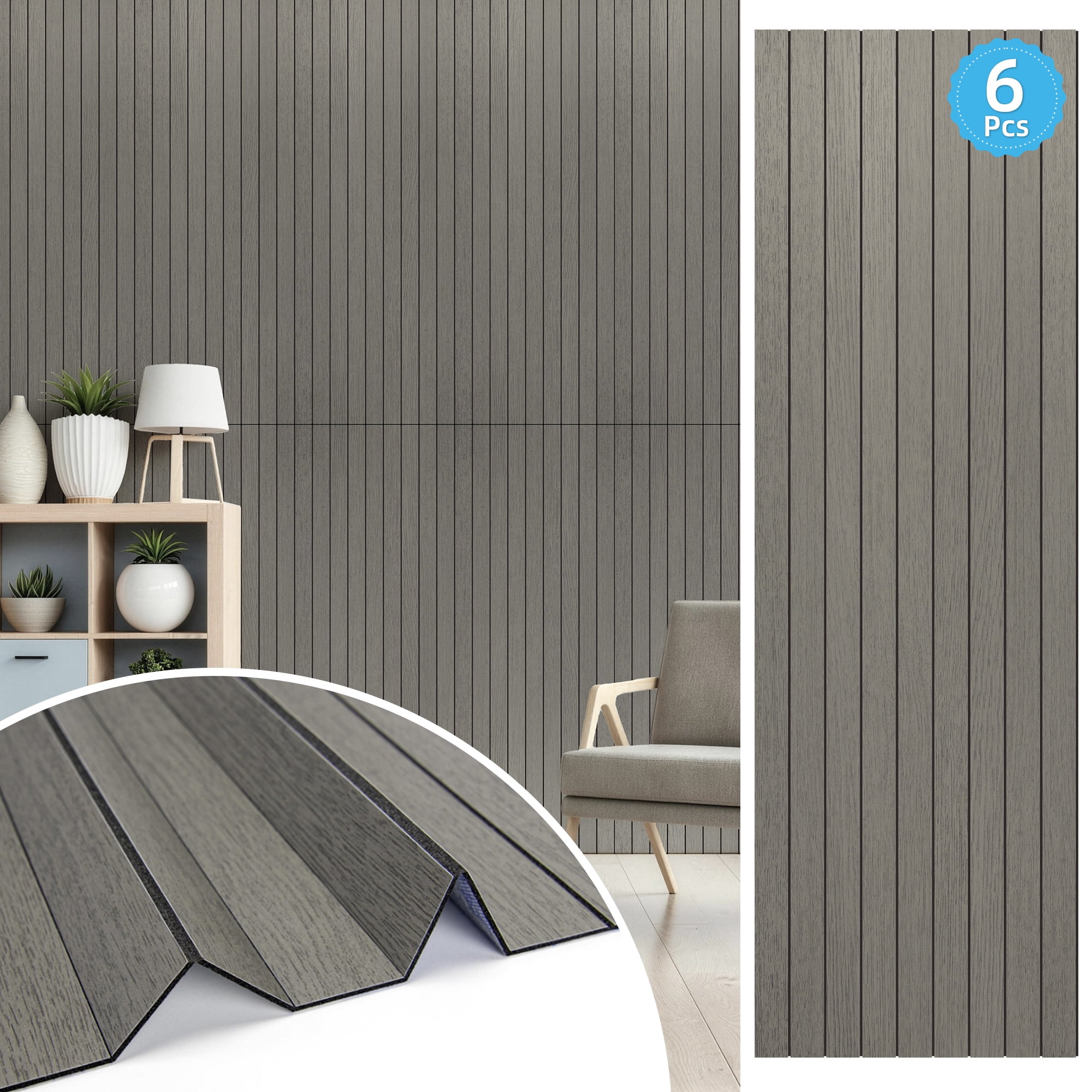 Yeslife 6-Pack Peel and Stick PVC Wood Slat Wall Panels, 48.03 in. x 15.75 in., Gray Washed Oak Finish, Thickened 3D Decorative Wall Panels for Living Room, Bedroom & Office