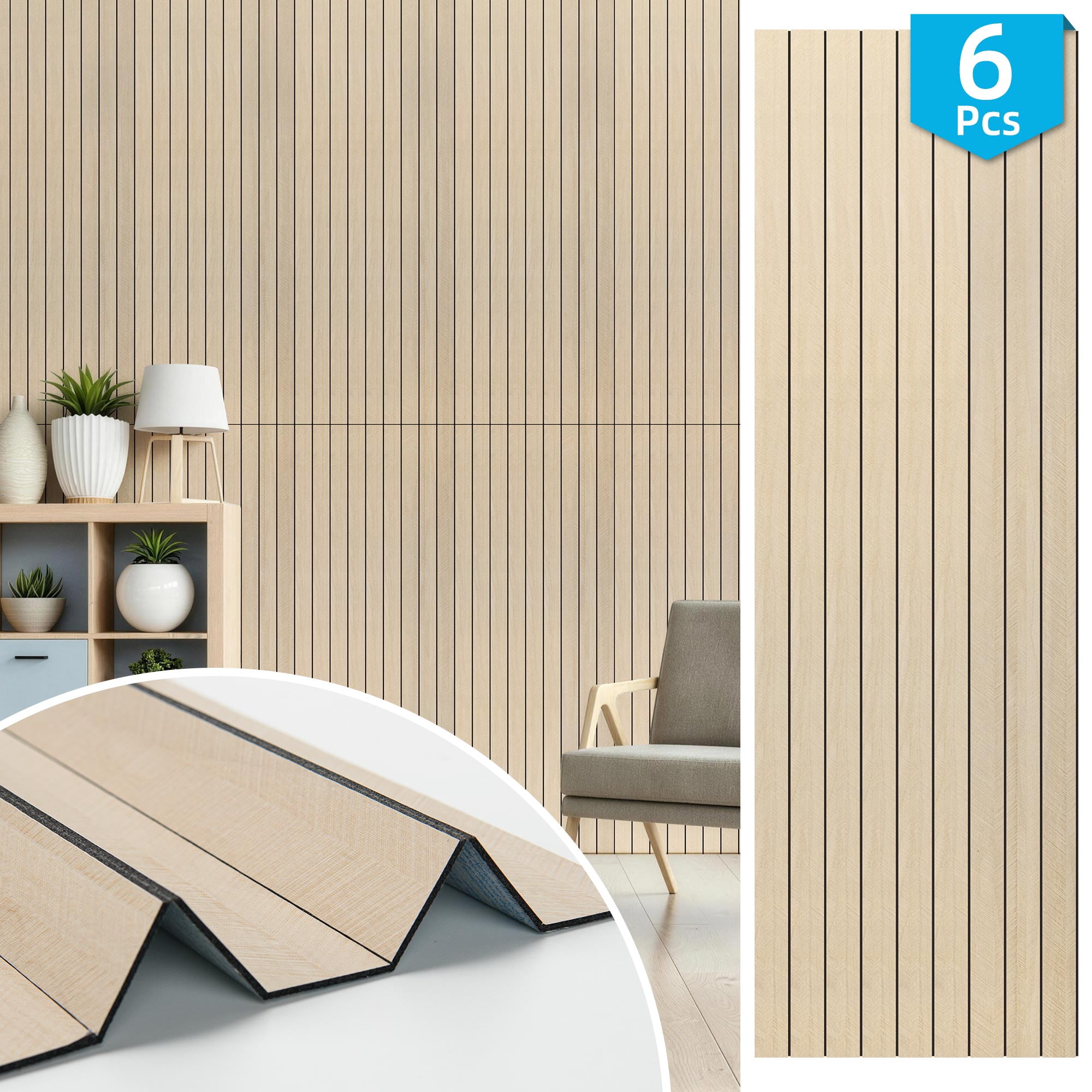 Yeslife 6-Pack Peel and Stick PVC Wood Slat Wall Panels, 48.03 in. x 15.75 in., Herringbone Oak Wood Finish, Thickened 3D Decorative Wall Panels for Living Room, Bedroom & Office