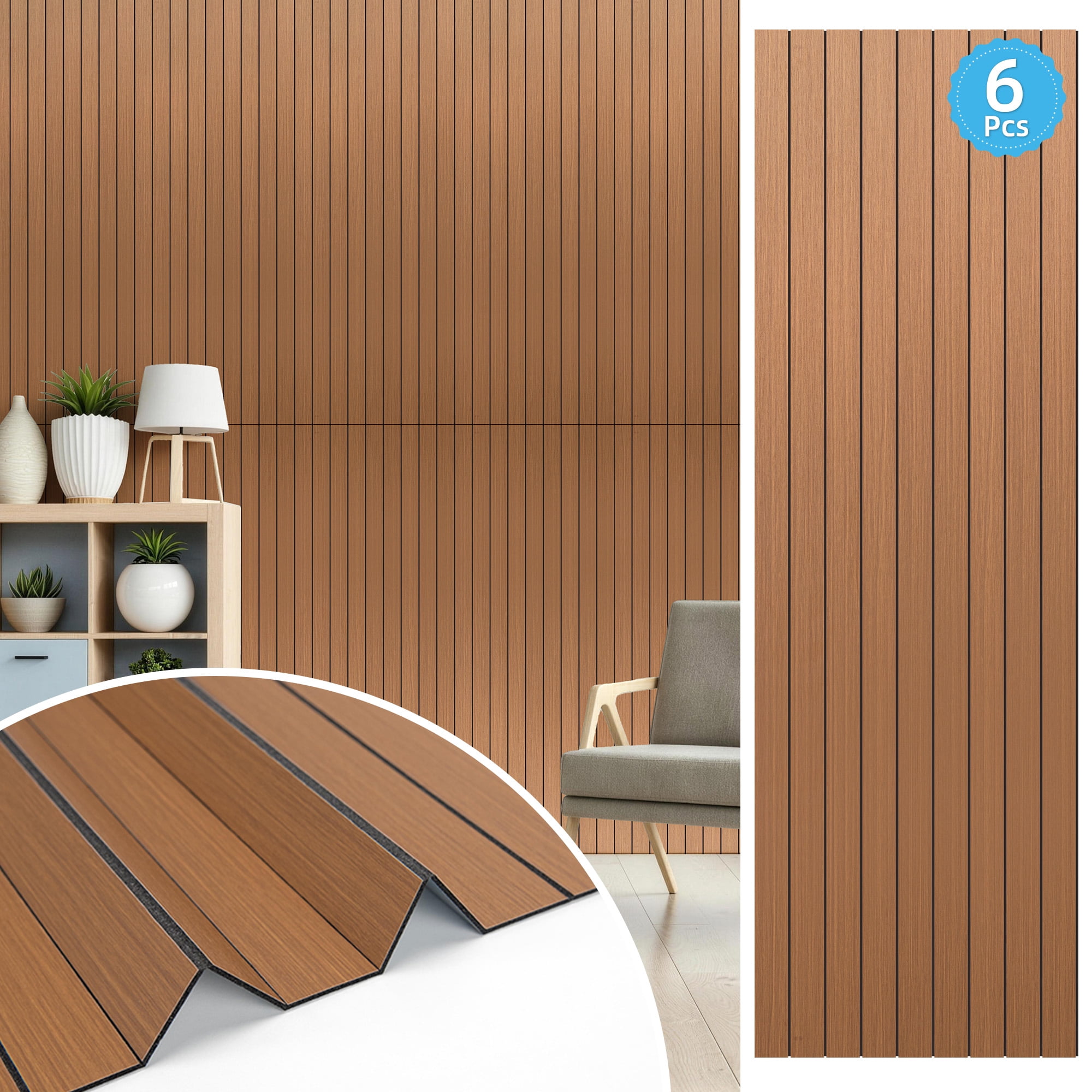 Yeslife 6-Pack Peel and Stick PVC Wood Slat Wall Panels, 48.03 in. x 15.75 in., Walnut Wood Grain, Thickened 3D Decorative Wall Panels for Living Room, Bedroom & Office
