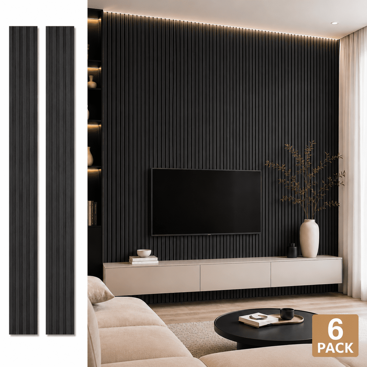 Yeslife 6-Piece 94.49'' x 5.7''x 0.67'' Solid Wood Slat Wall Panels for Interior and Ceiling Decor,22.44 Sq.ft/Case,Black Walnut