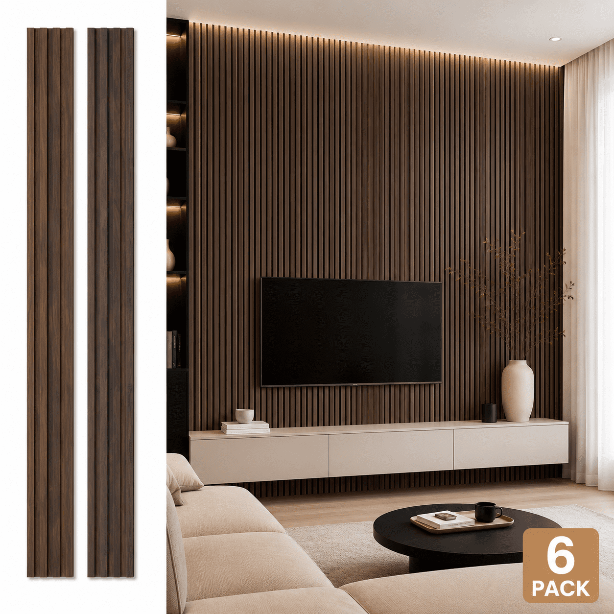 Yeslife 6-Piece 94.49'' x 5.7''x 0.67'' Solid Wood Slat Wall Panels for Interior and Ceiling Decor,22.44 Sq.ft/Case,Walnut