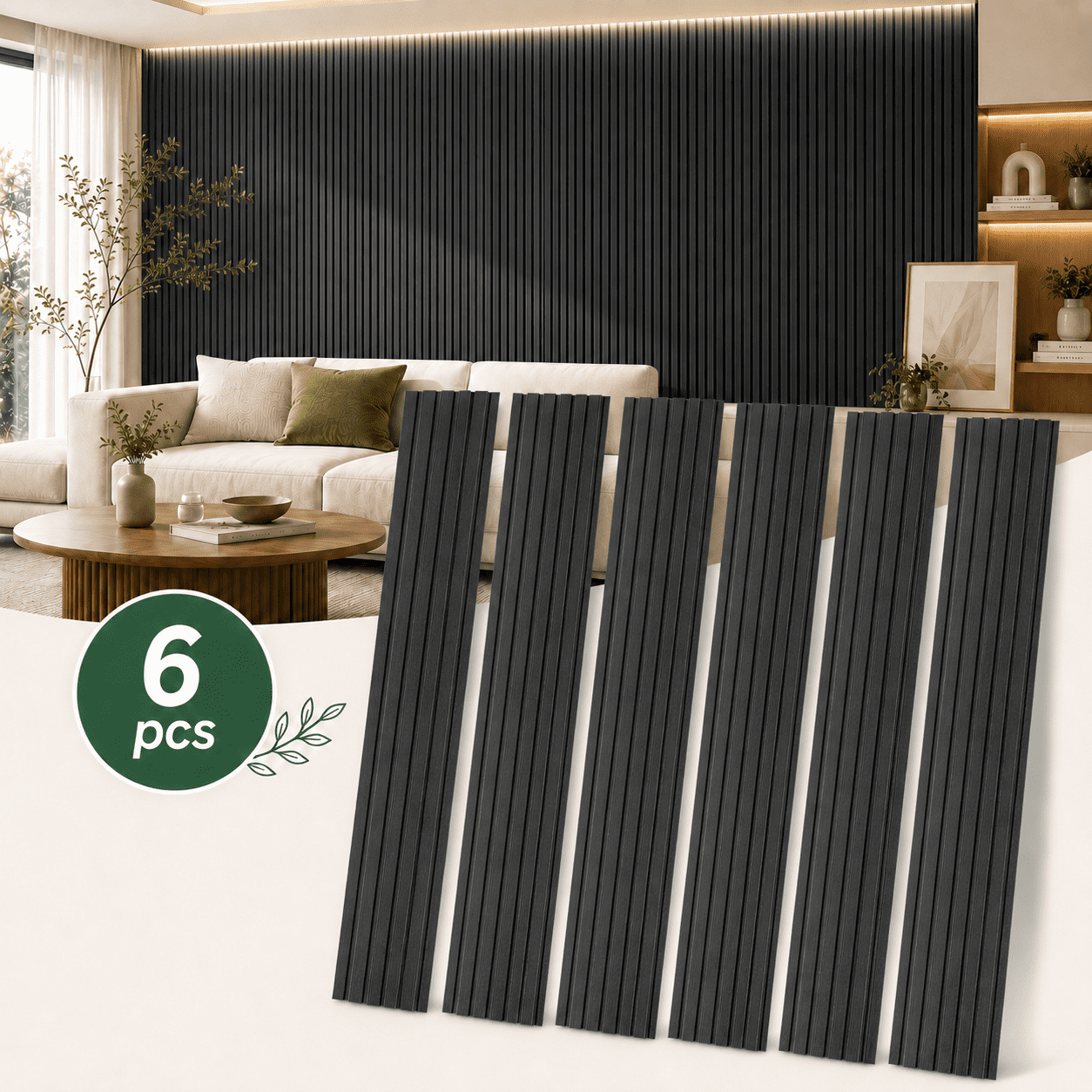 Yeslife 6 pcs Slat Wall Panels, 94.49 x 7.44 in, Matte Black MDF, 3D Decorative Design for Interior Walls and Ceilings