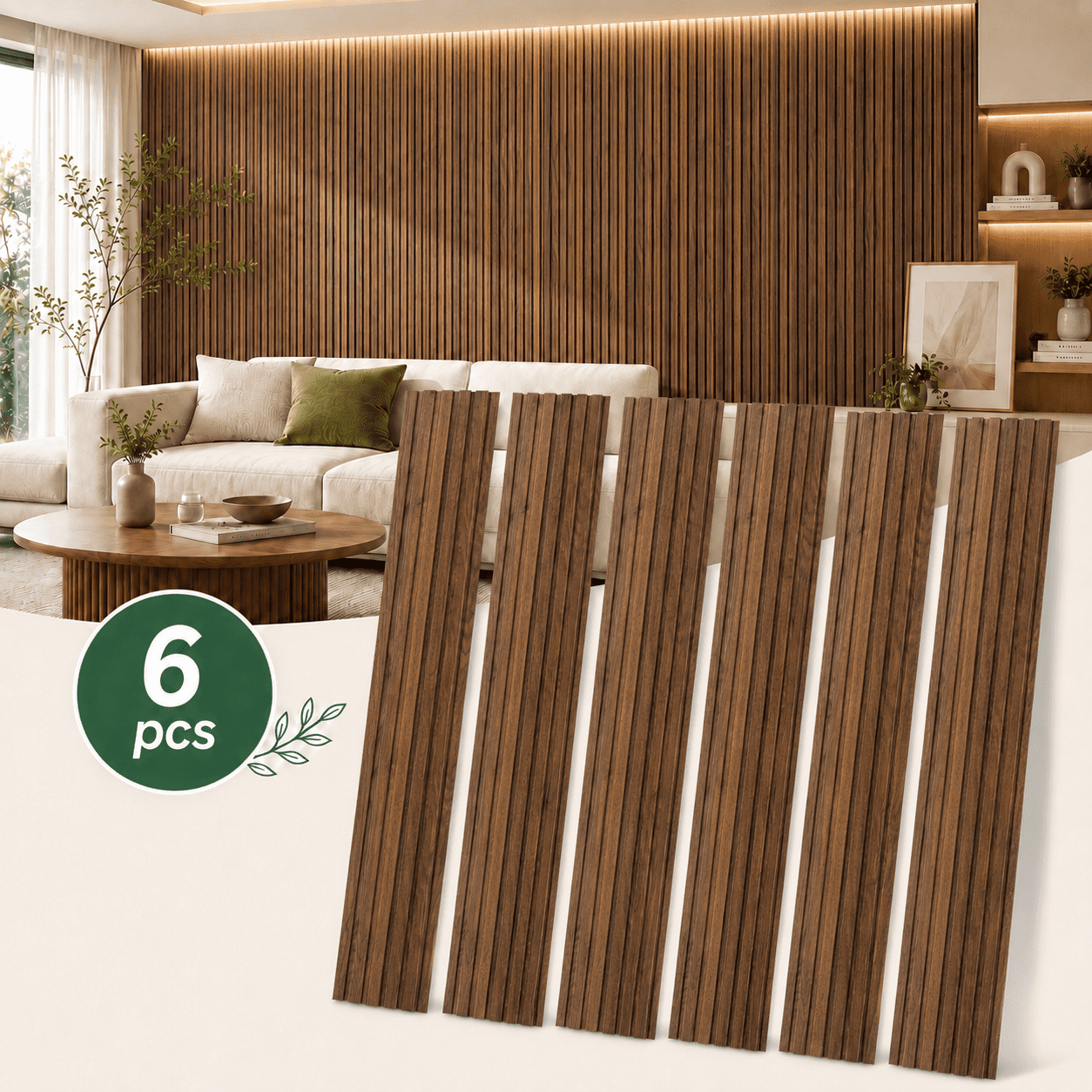 Yeslife 6 pcs Slat Wall Panels, 94.49 x 7.44 in, Walnut MDF, 3D Decorative Design for Interior Walls and Ceilings
