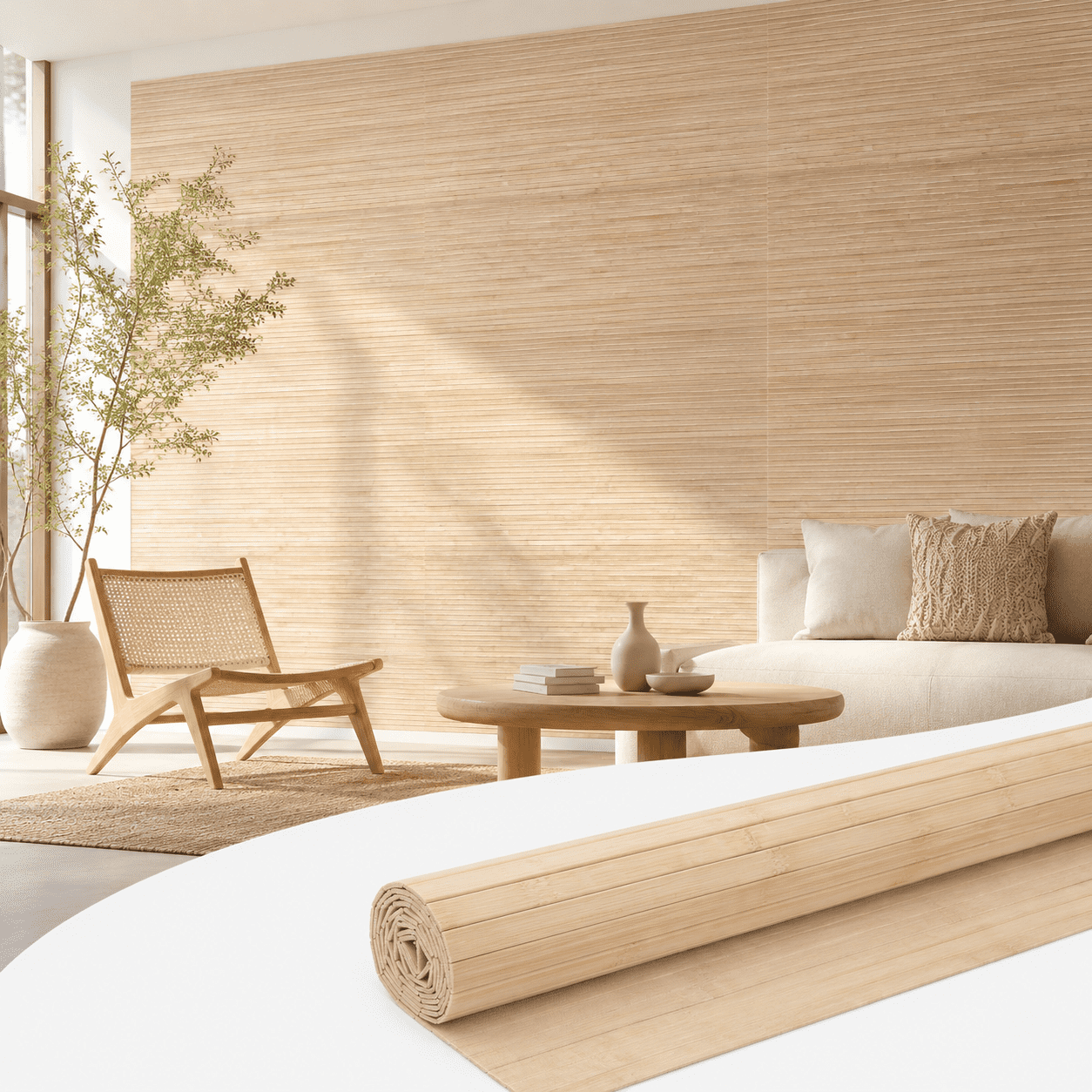 Yeslife Natural Bamboo Wall Panel Roll, 48 in x 96 in Flexible Cut-to-Fit Interior Wall Decor for Living Room and Bedroom, 32 sq ft