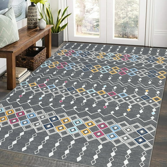 Yesurprise 0 Area Rugs 8'x10' - Living Room & Bedroom Area Rugs, Moroccan Print, Indoor Boho Farmhouse Area Rugs, Soft Faux Wool Throw Carpet, Gray