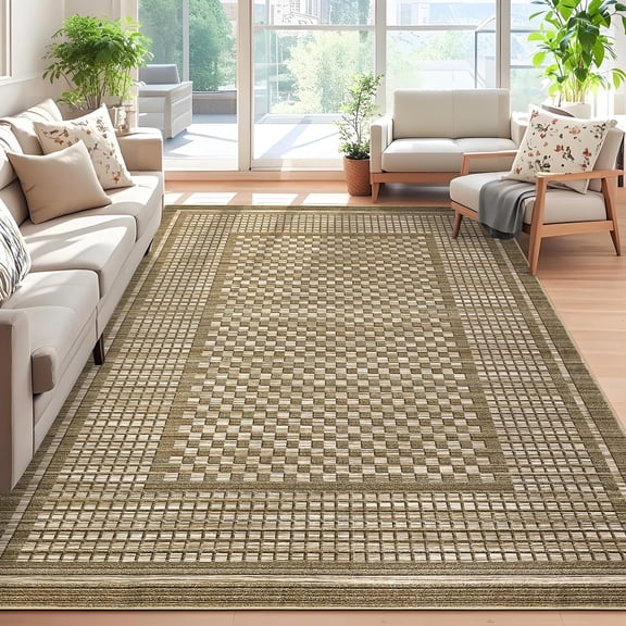 Yesurprise 10'x13' Checkered Area Rugss - Modern Geometric Carpet, Soft Low Pile Accent Area Rugs, Washable Area Rugs with Non-Slip Backing for Living Room, Bedroom, Office - Brown