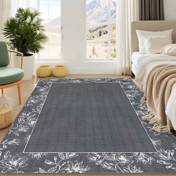 Yesurprise 10'x13' Dark Gray Solid Floral Area Rugs - Modern Bordered, Washable, Non-Slip for Living Room & Bedroom