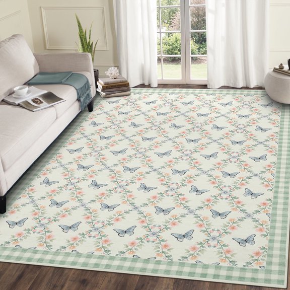 Yesurprise 10'x13' Floral & Geometric Printed Area Rugs, Washable Non-Slip Indoor Carpet, Butterflies Design for Bedroom & Dining, Green