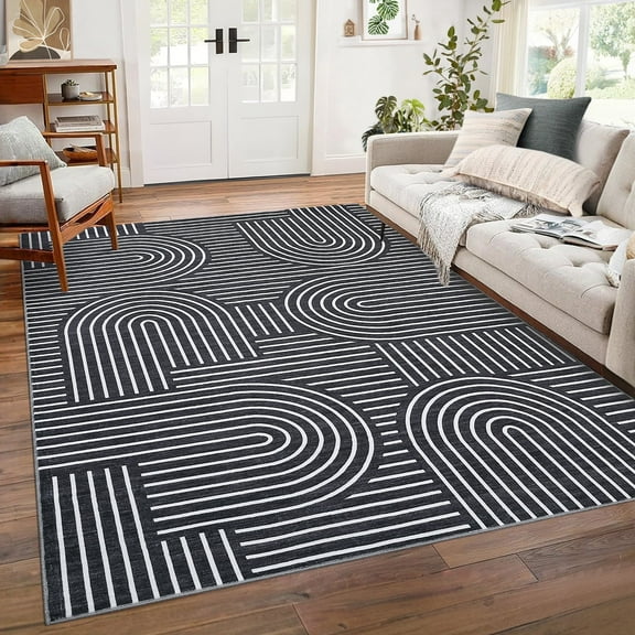 Yesurprise 10'x13' Modern Abstract Rainbow Stripe Area Rugs - Washable Low Pile Carpet for Living Room & Bedroom, Black