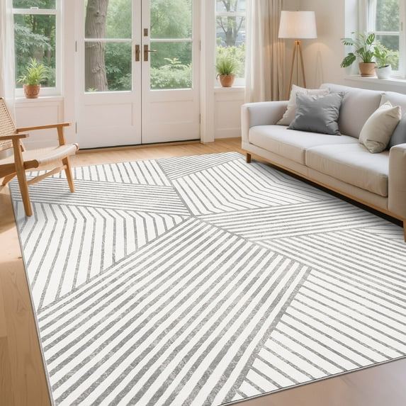 Yesurprise 10'x13' Modern Geometric Area Rugs Striped Area Rugss for Living Room – Machine Washable, Soft Non Slip, Non Shedding Carpet, Indoor Low Pile, Bedroom, Dining Room, Office, Gray