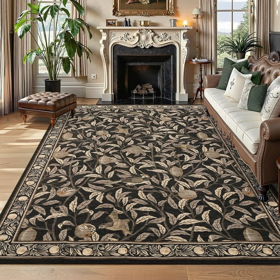 Yesurprise 10x13 Washable Area Rugs with Botanical Print - Living Room Area Rugss, Farmhouse, Non-Slip Indoor Area Rugs, Soft, Stain Resistant Carpet for Bedroom, Home Office - Brown