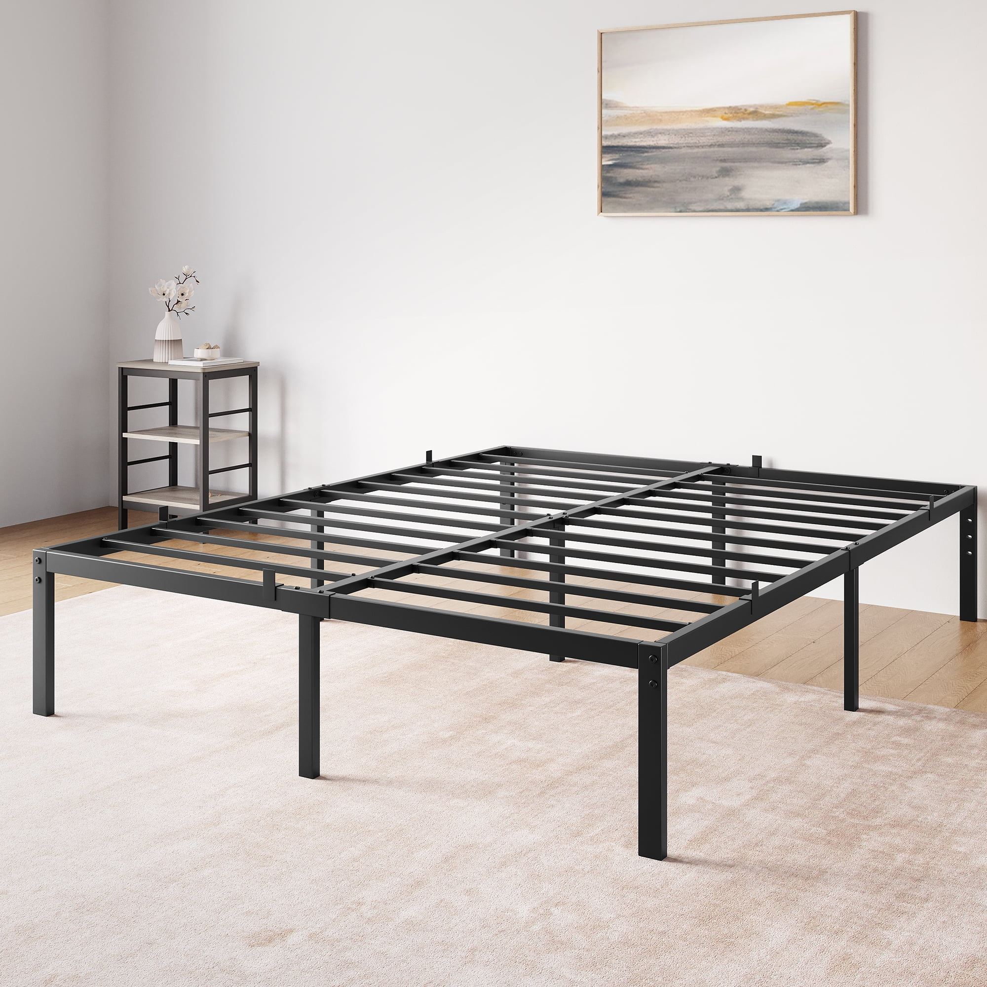 Black Metal Queen Bed Frame with Storage and Slats
