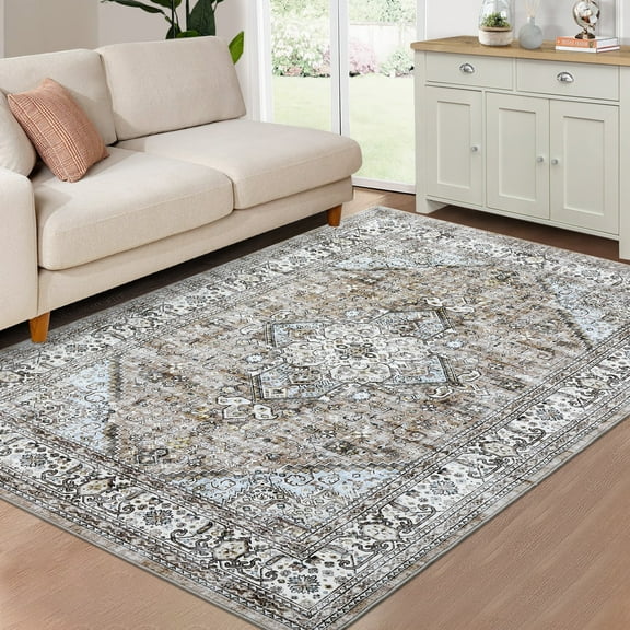 Yesurprise 1821 - 9x12ft (274x366cm) Large Vintage Distressed Area Rugs, Medallion Floral Print, Machine Washable Area Rugs for Living Room Bedroom, Non-Slip Low Pile Accent Area Rugs, Taupe Khaki