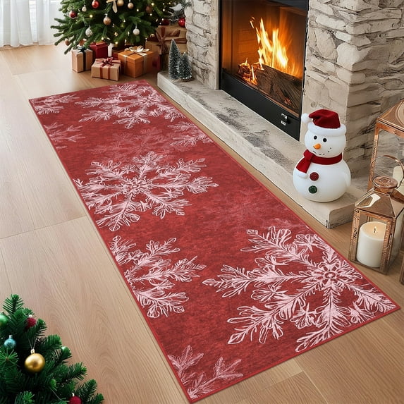 Yesurprise 2'x8' Christmas Runner Area Rugss Snowflake Printed - Washable Low Pile Area Rugs with Non-Slip Backing, Soft Non Shedding Indoor Mats for Hallway, Bedroom, Kitchen, Red