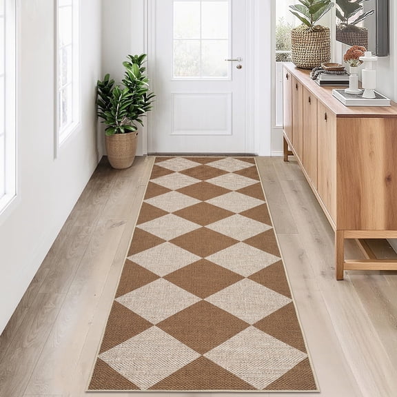 Yesurprise 2'x8' Modern Checkered Runner Area Rugs - Washable, Geometric Indoor/Outdoor Carpet, Non Slip Low Pile, Coffee