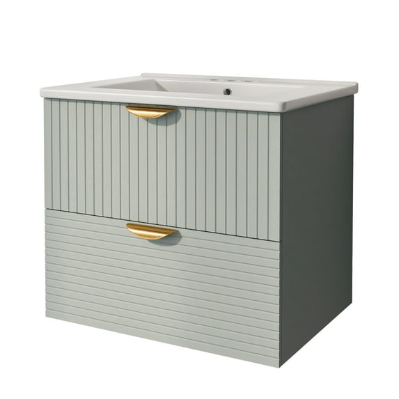 Yesurprise 24 Inch Bathroom Vanity, Bathroom Cabinet with Top Sink, 2 Spacious Drawers, Gold Handles, Wall-mounted Sink Bathroom Vanity Cabinet for Home