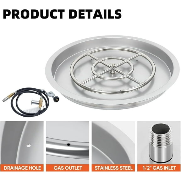 Yesurprise 25" Round Drop-in Fire Pit Pan Stainless Steel Propane/Natural Gas Spark Ignition 48,000 BTU