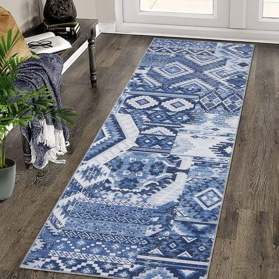 Yesurprise 2x6ft Boho Tribal Runner Area Rugs - Distressed Patchwork Design, Non-Slip Low Pile, Blue