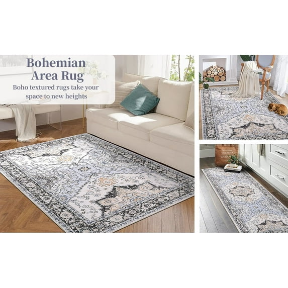 Yesurprise 2x6ft Vintage Boho Washable Runner Area Rugs - Floral Design for Kitchen & Bathroom - Oriental Distressed Non-Slip Low-Pile Area Rugs - Blue/Grey