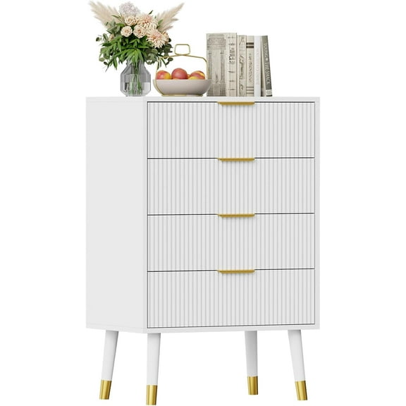 Yesurprise 4 Drawer Dresser Fluted Tall Dresser with Gold Metal Handles Small Dresser Storage Cabine Wooden Chest of Drawers for Bedroom,Living Room White