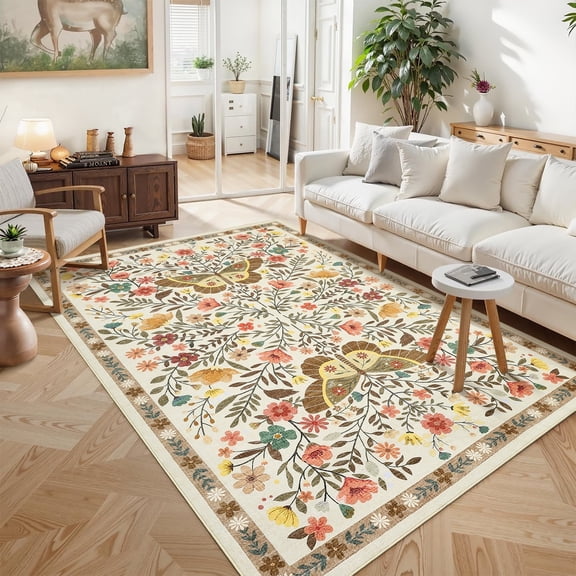 Yesurprise 4'x6' Farmhouse Floral Butterfly Printed Area Rugs, Washable Non-Slip TPR Backing Low Pile Indoor Carpet, Beige