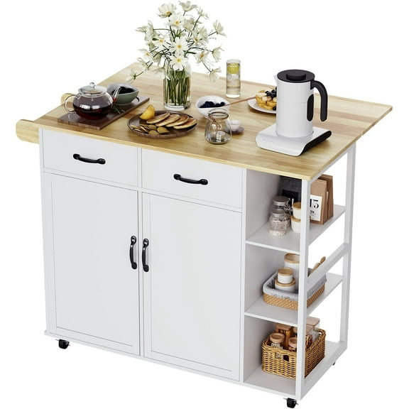 Yesurprise 43.12-Inch Wide Wood Countertop Kitchen Island Table with 2-Door Cabinet 2 Storage Drawers Spice Rack Towel Rack Bar Cart Rolling Cart with Folding Leaf and Rollers
