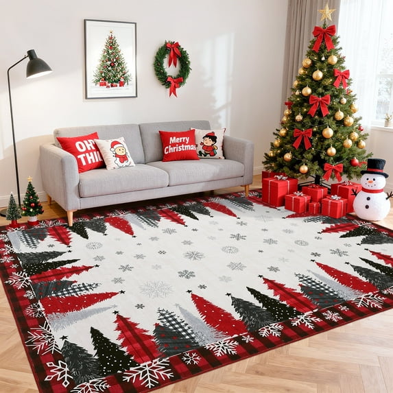 Yesurprise 5'x7' Christmas Plaid Border Area Rugs - Washable, Holiday Decorative, Non-Slip, Snowflake Christmas Tree Area Rugs for Living Room, Bedroom, Home Office - Red