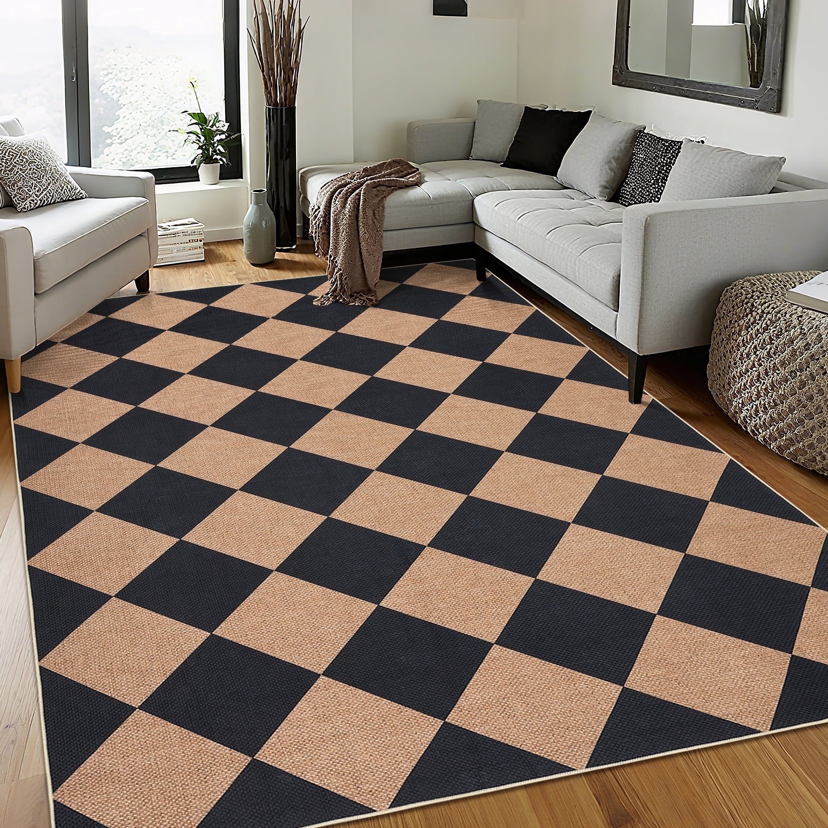 Yesurprise 5'x7' Modern Checkered Area Rugs - Washable Geometric Carpet, Contemporary Accent Area Rugs, Non-Slip Low Pile Indoor Outdoor Floor Mats, Black and Coffee