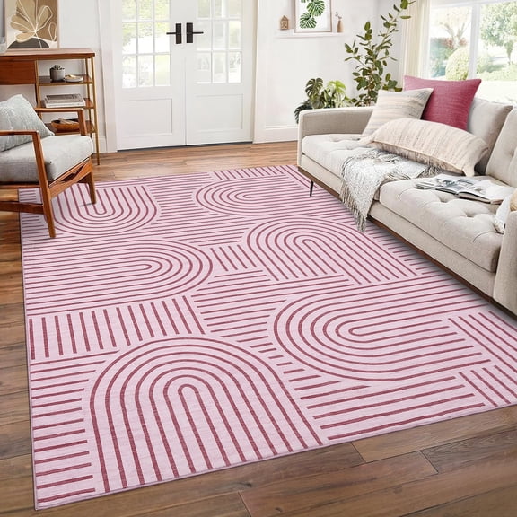 Yesurprise 5'x7' Rainbow Stripe Modern Abstract Area Rugs - Washable Low Pile Carpet with Non-Slip Backing, Simple Style Home Decor, Pink