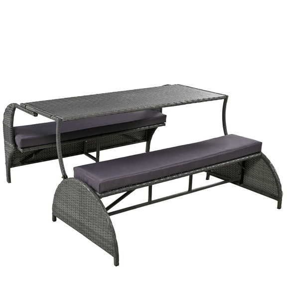 Yesurprise 57.1" Outdoor Loveseat, Convertible Picnic Upholstered Bench Table 2 in 1 Set, Portable Picnic Table Couch for Garden Lawn, Convertible to 4 Seats and 1 Table