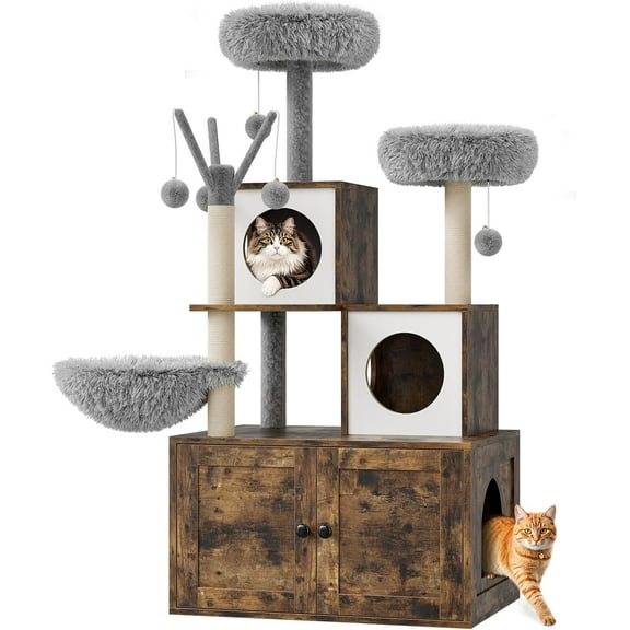 Yesurprise 57.5-Inch Cat Tree with Litter Box Enclosure 2-in-1 Modern Cat Tower with Cat Condo/Hammock/Scratching Post/Plush Perch/Removable Pompom Sticks/Caves Wooden Hidden Litter Box Furnitur