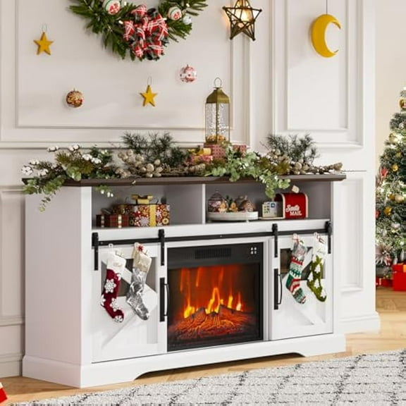 Yesurprise 58" White Fireplace TV Stand with 23" Electric Fireplace (1400W), Sliding Barn Doors & Remote for TVs up to 65"