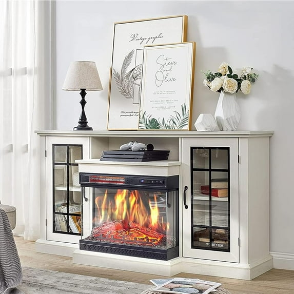 Yesurprise 59" White Fireplace TV Stand Featuring a 24" Electric Fireplace & 2-Tier Storage Shelf with 12 LED Flame Colors
