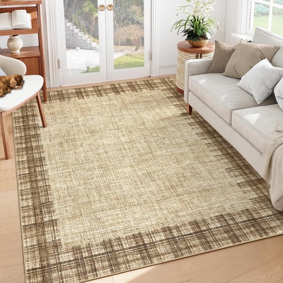Yesurprise 5x7 Modern Plaid Area Rugs - Bordered, Washable, Non-Slip, Soft Carpet, Low Pile Indoor Area Rugs for Living Room, Bedroom, Office - Linen