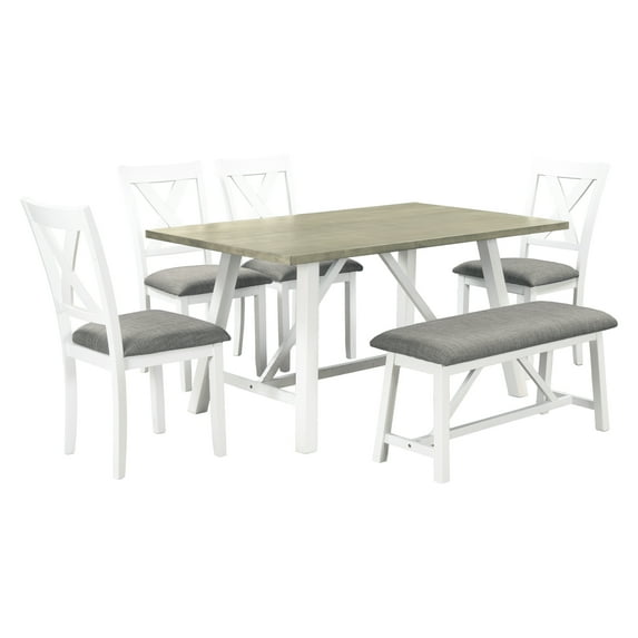 Yesurprise 6-Piece Table Chair Set Rectangular Trestle Table with Upholstered Chair Bench for Dining Room Kitchen