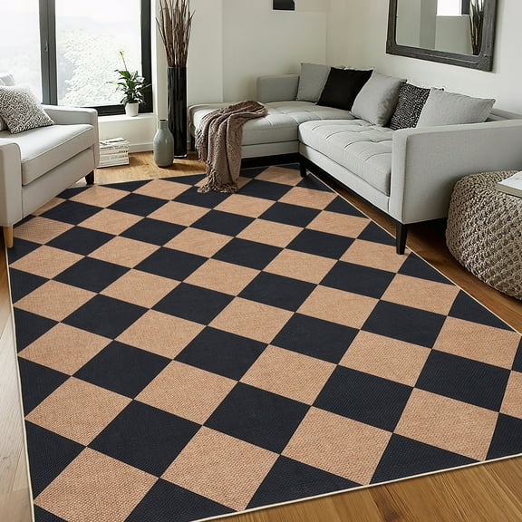 Yesurprise 6'x9' Modern Checkered Area Rugs - Washable Geometric Carpet, Indoor Outdoor Floor Mats, Black and Coffee