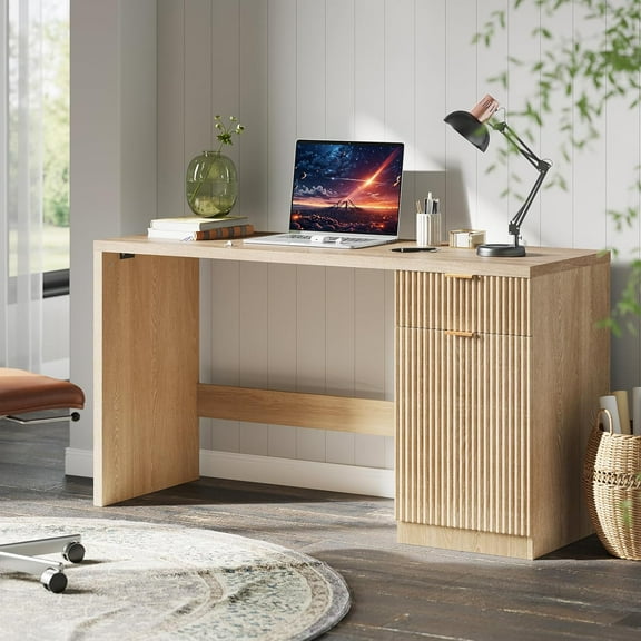 Yesurprise 60" Executive Desk with Storage Modern Home Office Desk with Drawer & Cabinet Wood Fluted Computer Desks Workstation Writing Conference Table for Study Living Room Bedroom