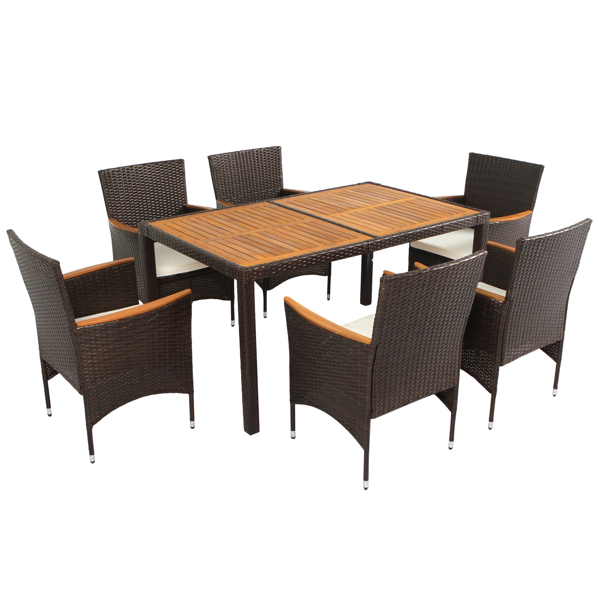 Brown 7-Piece Wicker Patio Dining Set with Beige Cushions and Acacia Wood Table