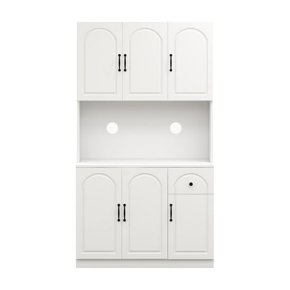 Yesurprise 71" Kitchen Pantry Storage Cabinet with Microwave Oven Countertop, Freestanding Hutch Cabinet with Adjustable Shelves, 6 Doors and 1 Drawer for Kitchen Dining Room