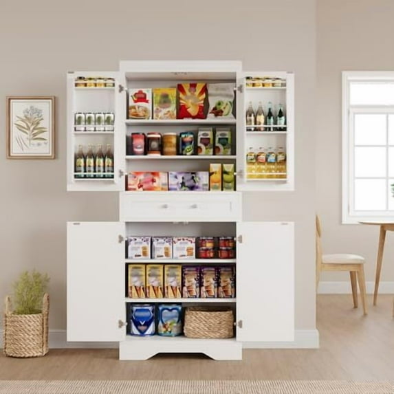 Yesurprise 72" Kitchen Pantry Cabinet, Tall Kitchen Pantry Storage Cabinet with 4 Doors and 1 Drawer, Kitchen Storage Cabinet, Adjustable Shelves, for Kitchen, Dining Room, Living Room, White