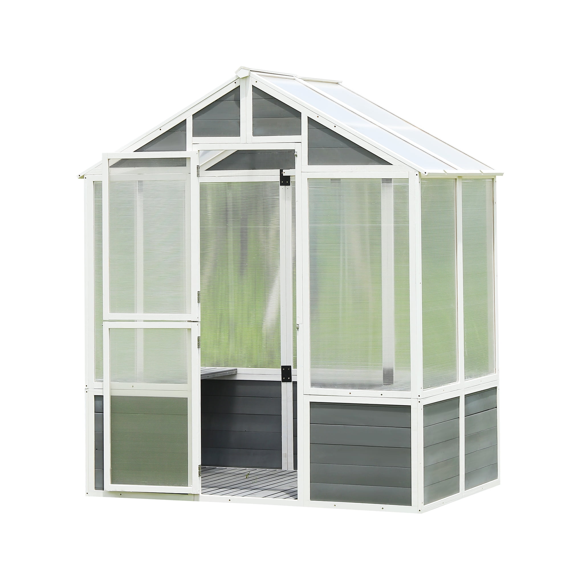 White and Gray Polycarbonate Walk-In Greenhouse with Pine Wood Frame