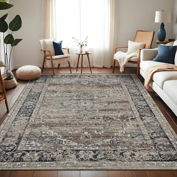 Yesurprise 8'x10' Brown Vintage Area Rugs - Floral Print Medallion Area Rugs, Soft Foldable Accent Area Rugss for Dining Room, Home Office