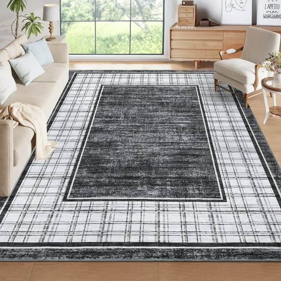 Yesurprise 8'x10' Modern Geometric Area Rugs, Plaid Bordered Design, Washable & Non-Slip, Stain Resistant, Foldable Floor Mat for Living, Bedroom & Dining Room, Gray