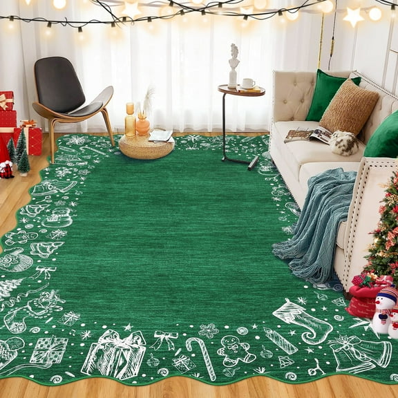 Yesurprise 8'x10' Washable Christmas Area Rugs - Scalloped Design, Non-Slip Soft Area Rugss, Foldable Xmas Decorative Mats for Living Room, Bedroom, Home Decor - Green
