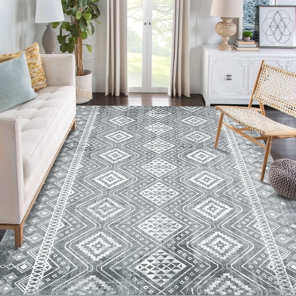 Yesurprise 8x10 ft Bohemian Area Rugs - Distressed Moroccan Design, Washable, Low Pile, Indoor Carpet for Dining Room & Home Office, Gray/Dark Gray
